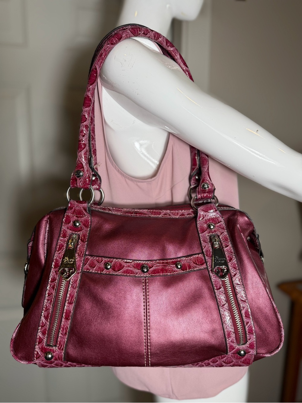 Genna De Rossi~Burgundy~Faux Leather~Croc-Embossed Detail~Double Strap~Handbag